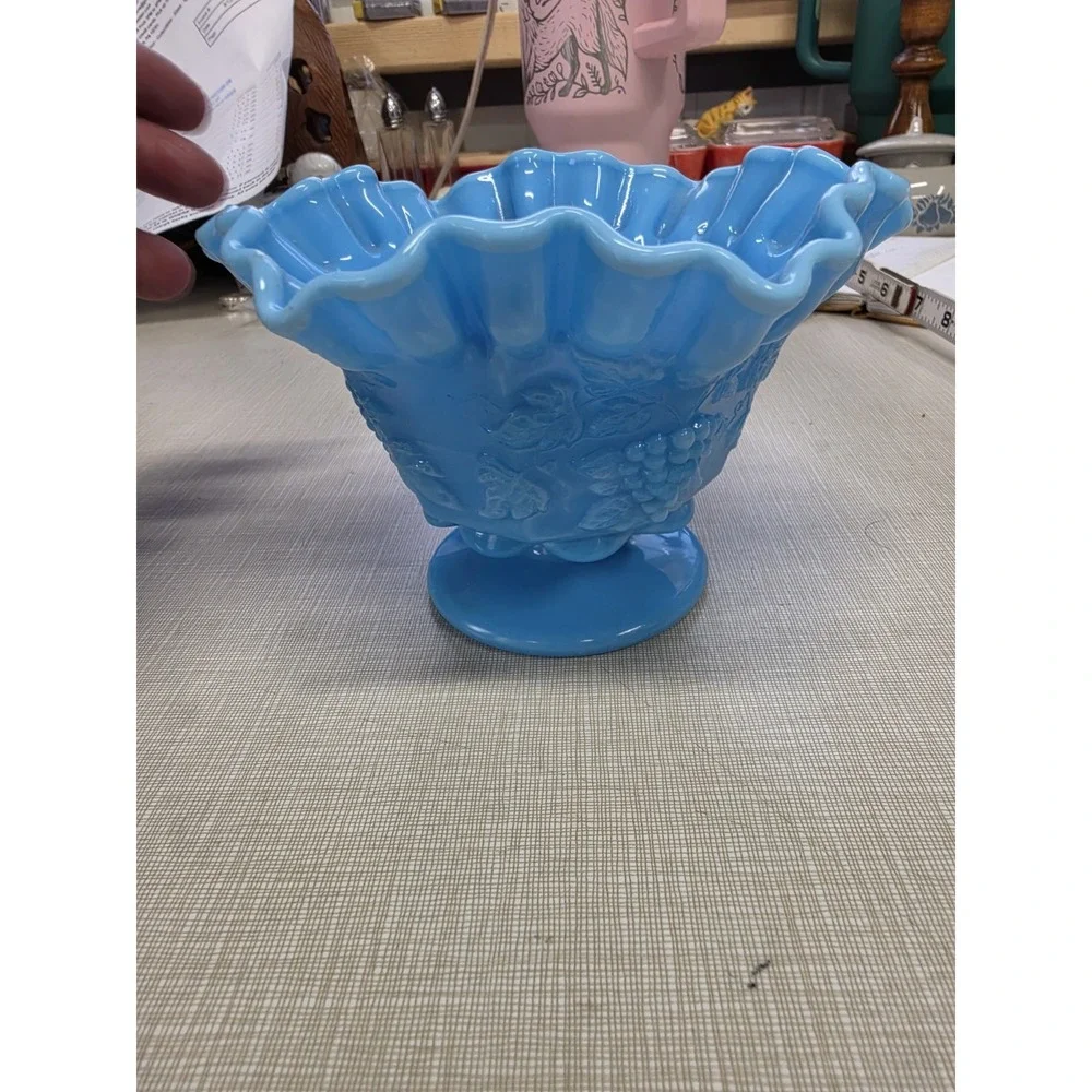Vintage Fenton Blue Milk Glass Pedestal Compote Ruffled Candy Bowl 1960s